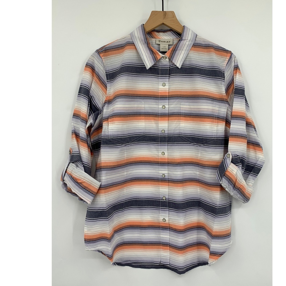 Ariat Shirt Womens Large Purple Orange Striped Button Up Long Sleeve Western NEW